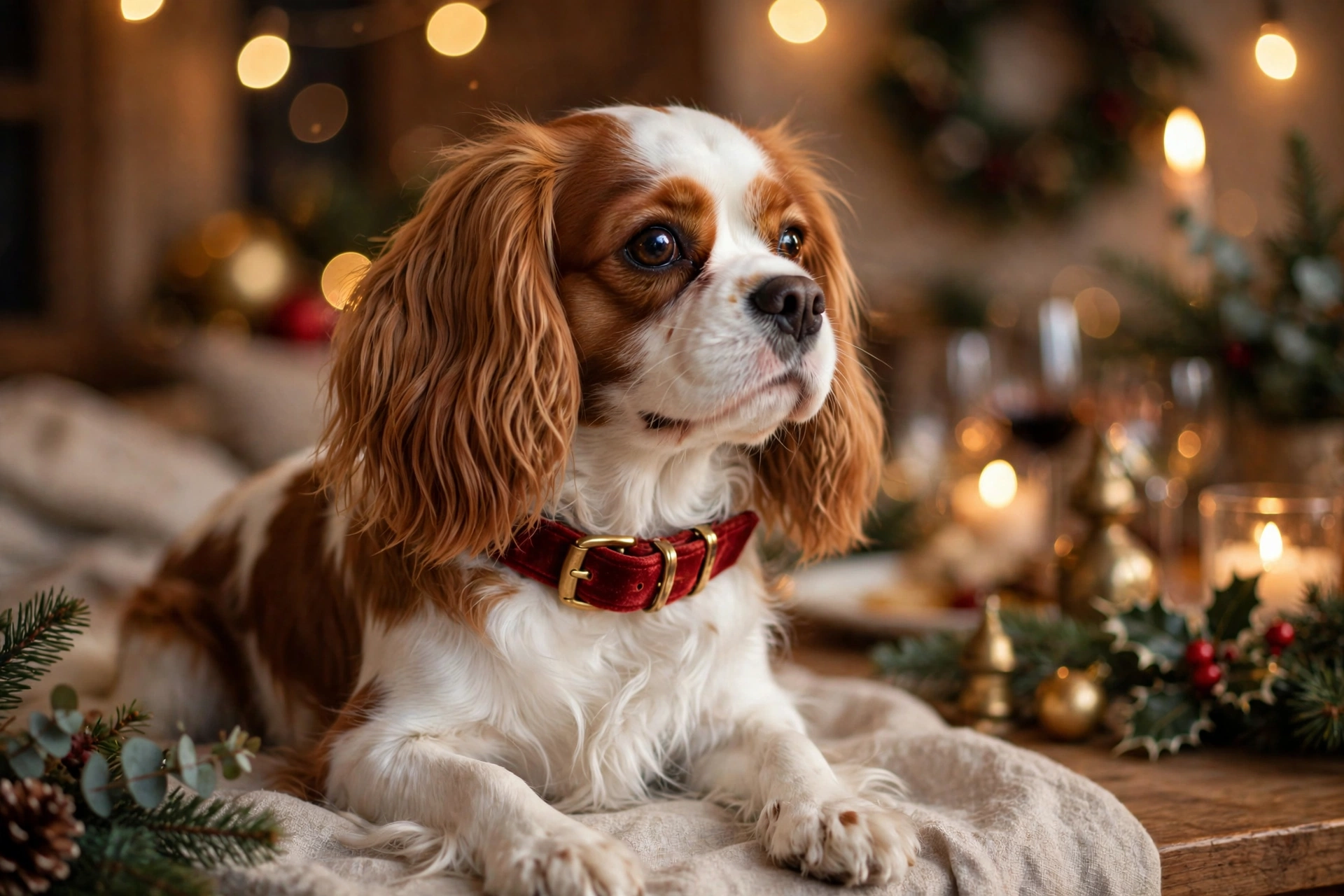 Cavalier King Charles Spaniel wearing a red velvet collar at a holiday party