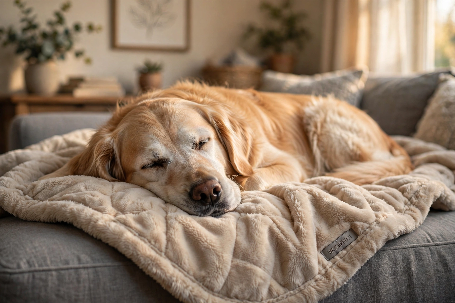Senior dog sleeping peacefully on a couch covered with a waterproof dog blanket
