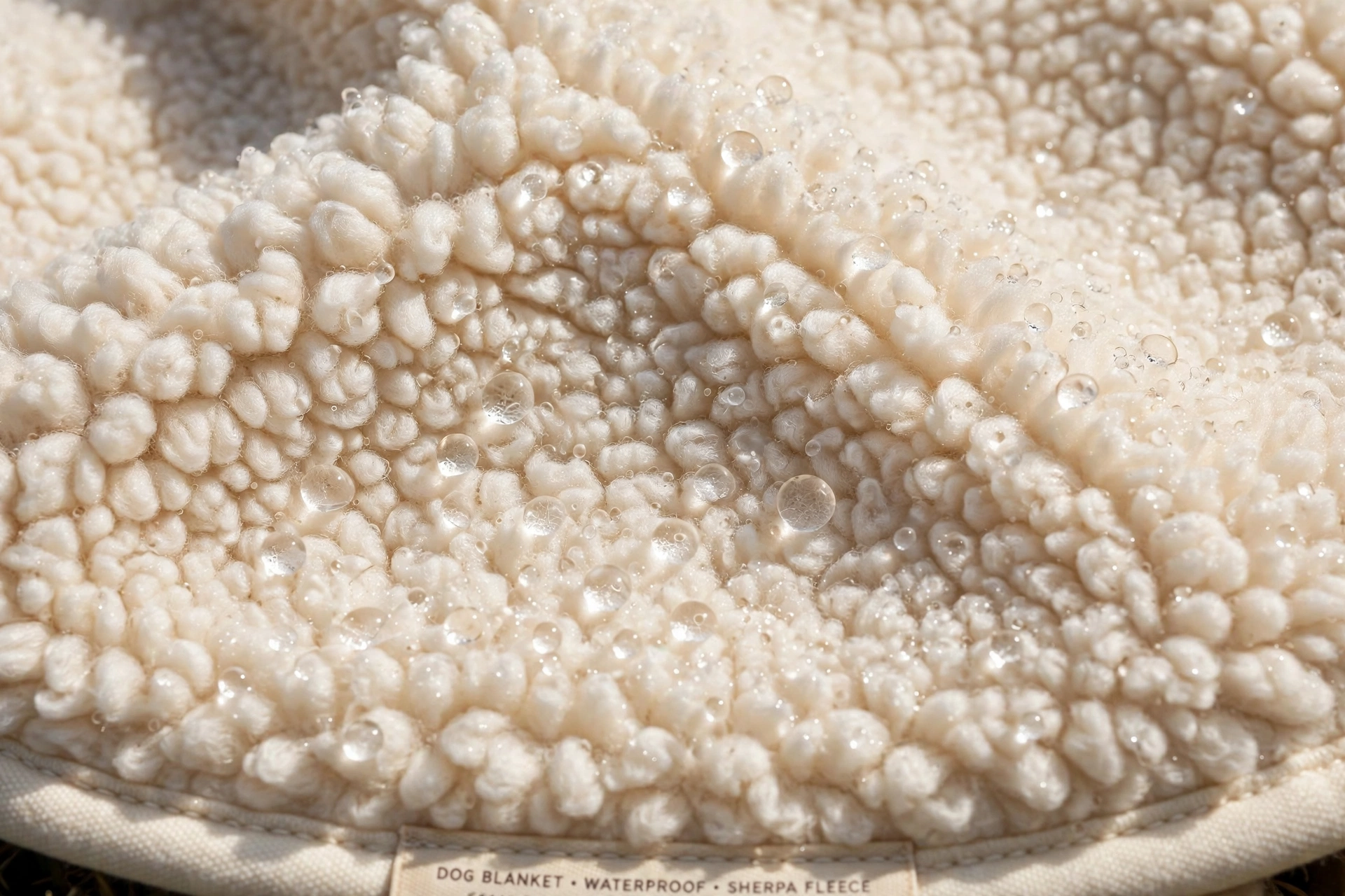 Close-up of Sherpa fleece waterproof dog blanket with water droplets beading on the surface