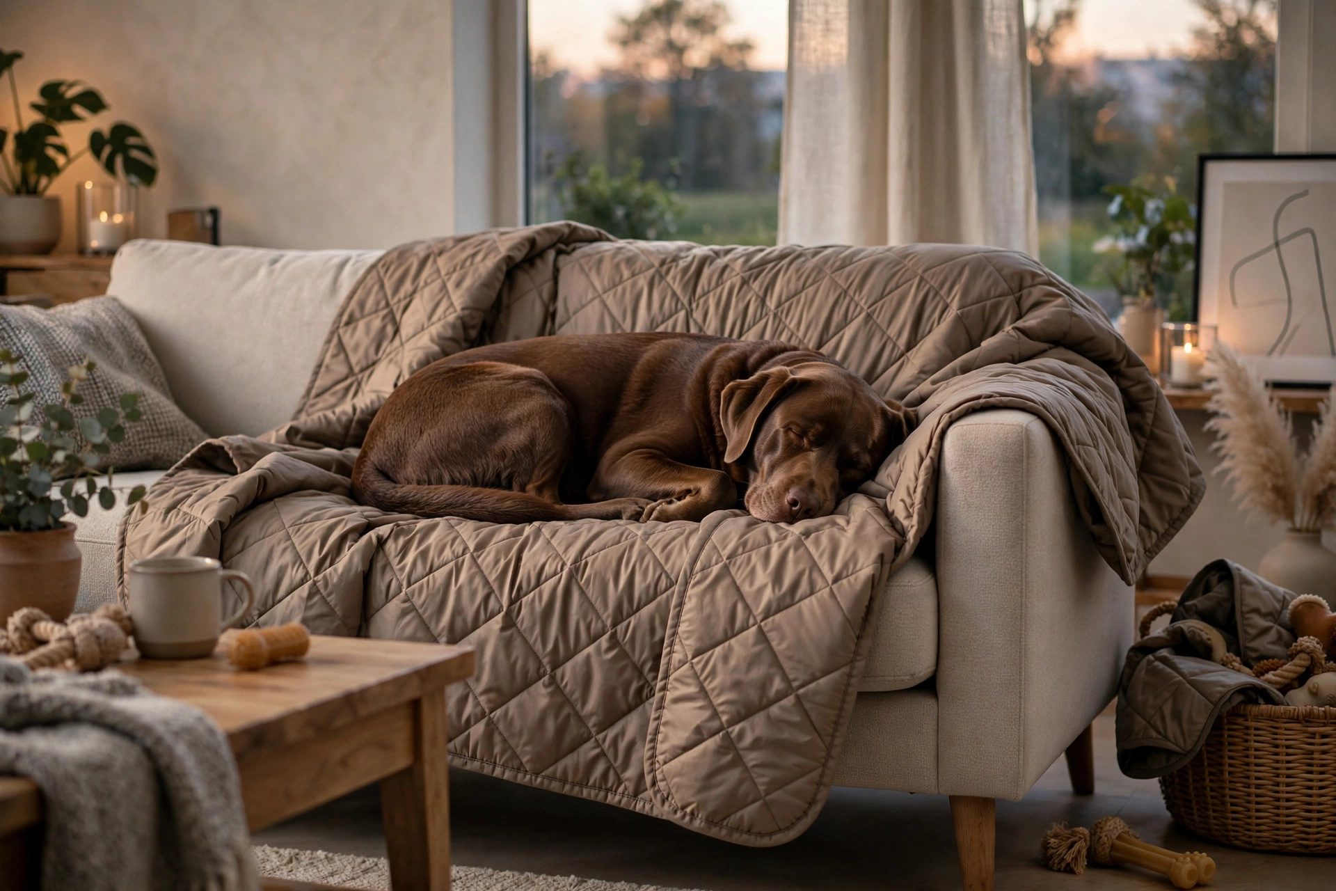 Waterproof dog blanket draped over a living room couch with a dog curled up on it