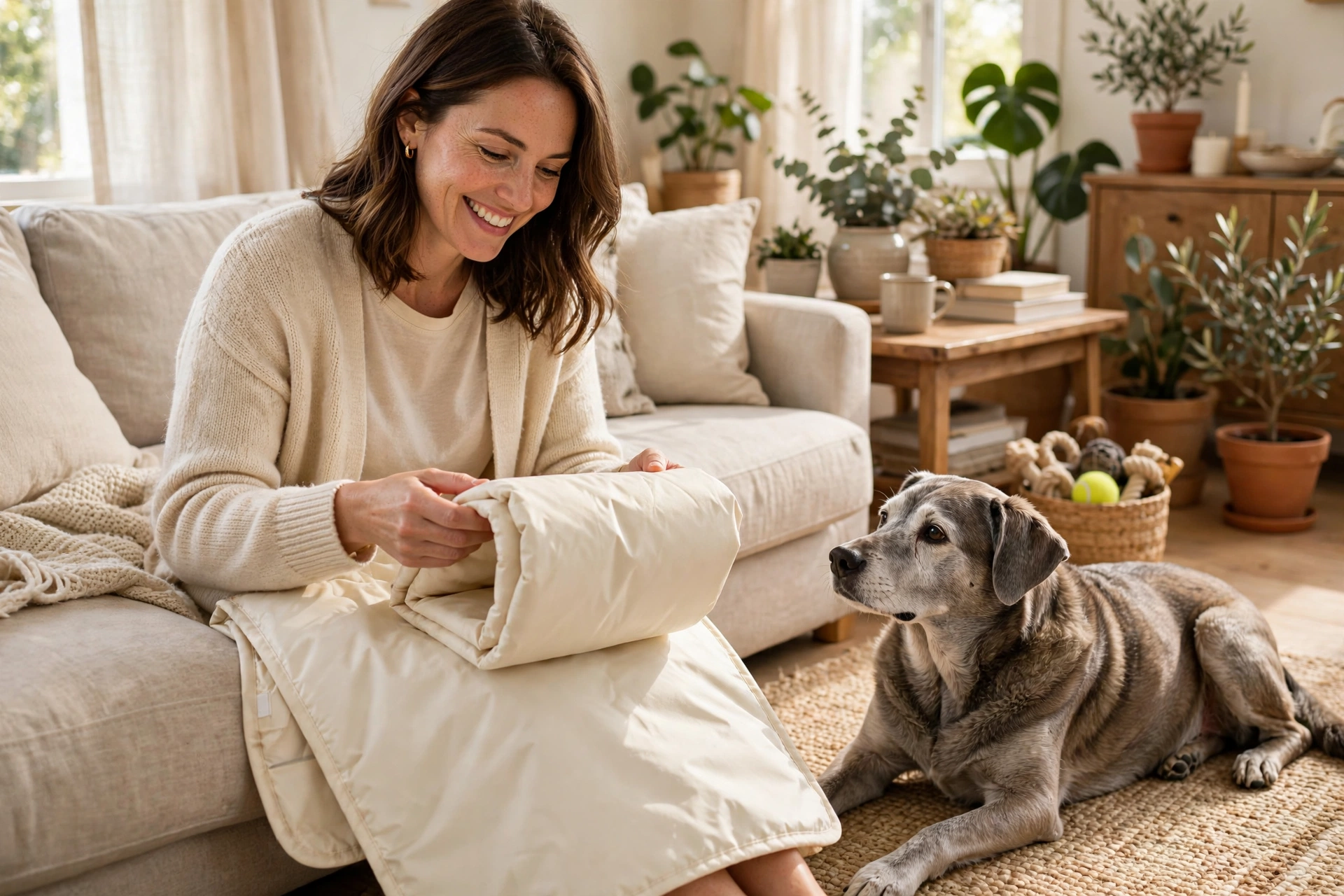 Happy dog owner folding a clean waterproof dog blanket next to their senior dog