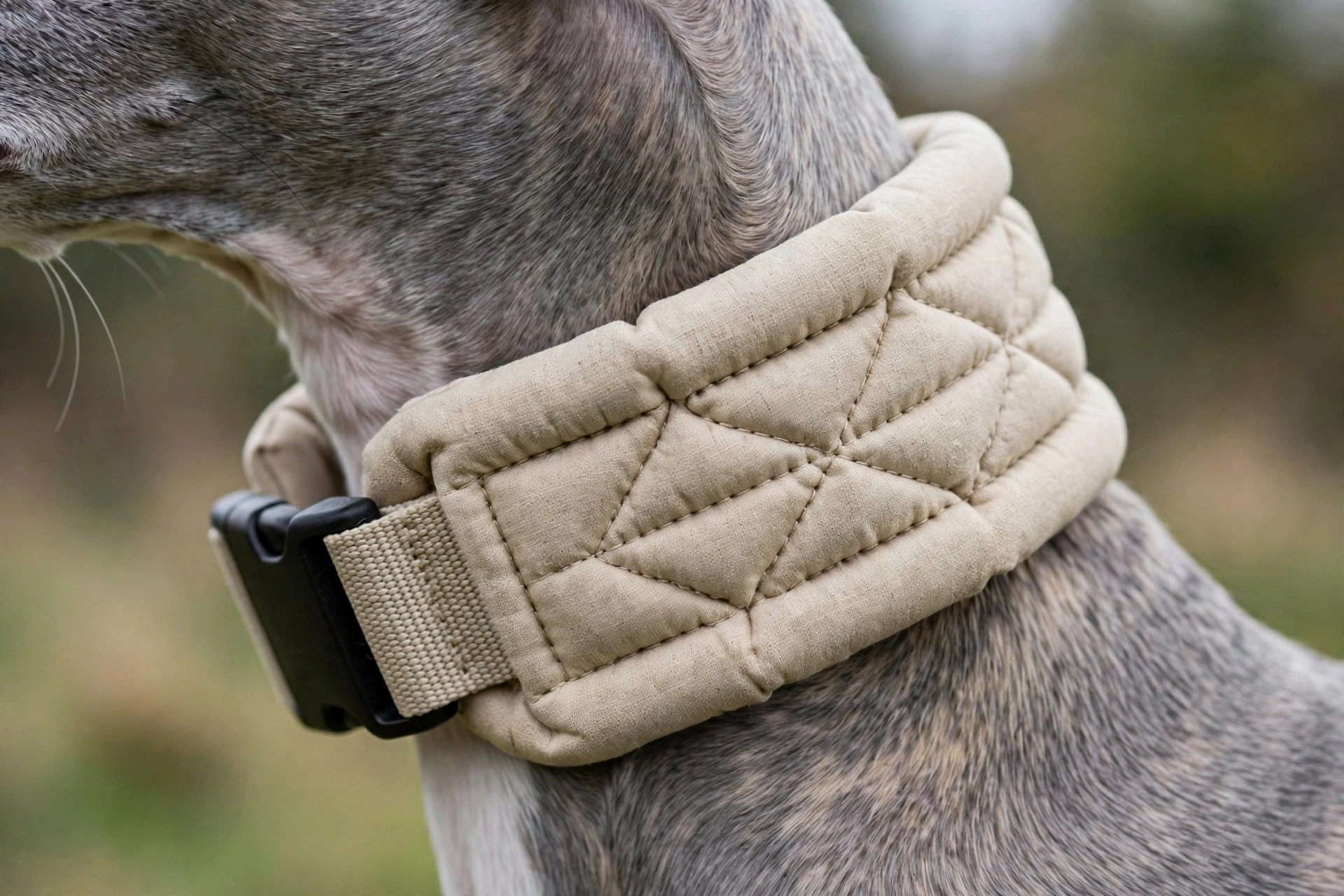Close-up of wide padded collar distributing pressure on a greyhound's neck