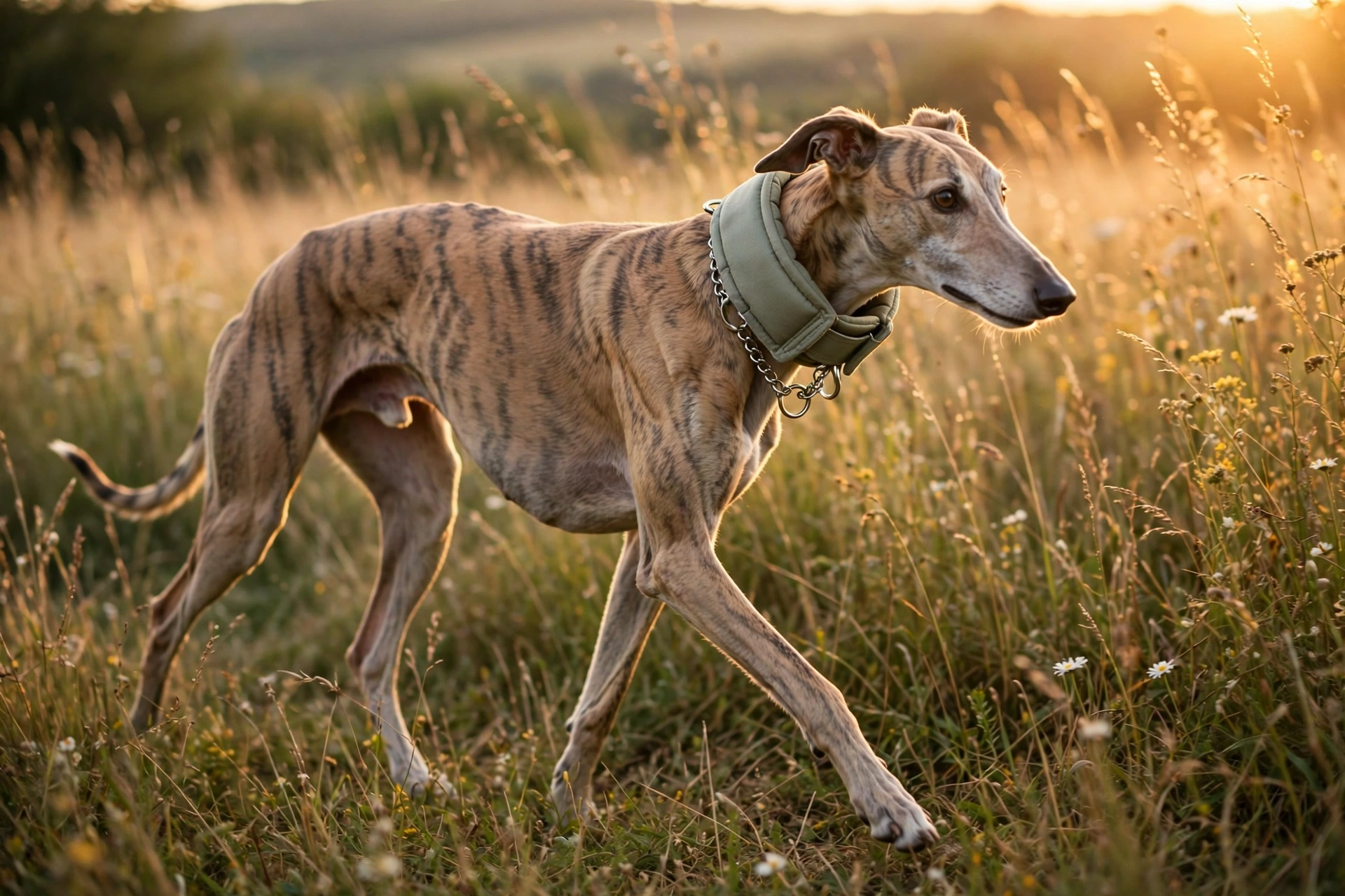 Sighthound wearing a wide martingale collar walking at golden hour