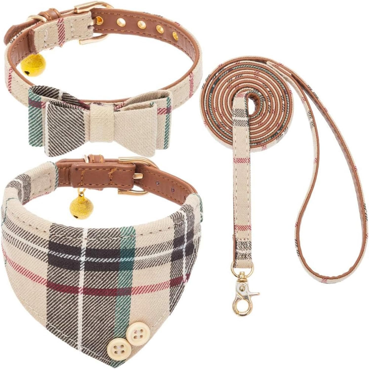 KOOLTAIL Puppy Collar and Leash Set – Beige Plaid with Bells