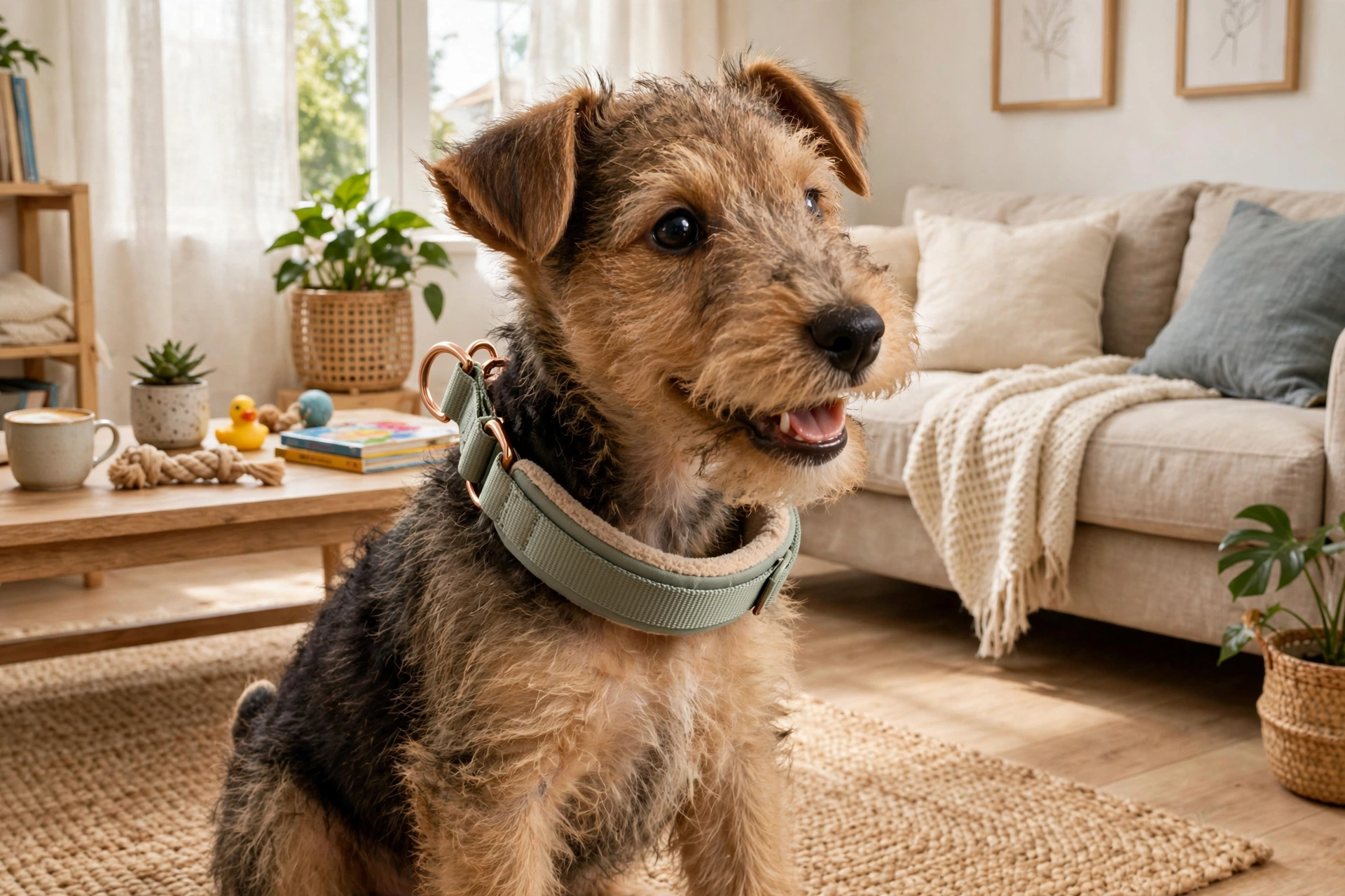 Small puppy wearing a limited slip collar sitting in a bright living room