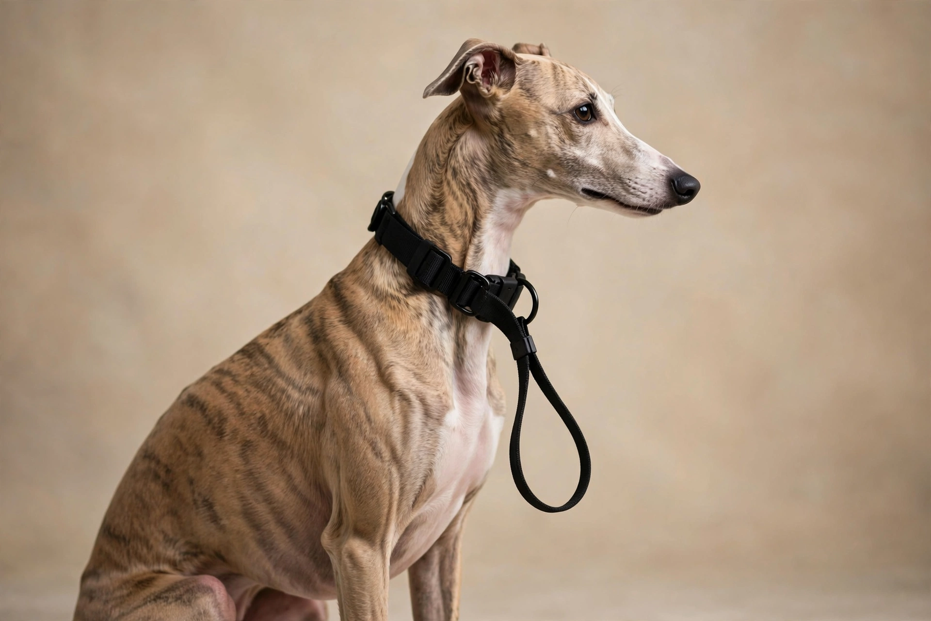 Dog wearing a properly fitted martingale collar with the control loop hanging relaxed and slack