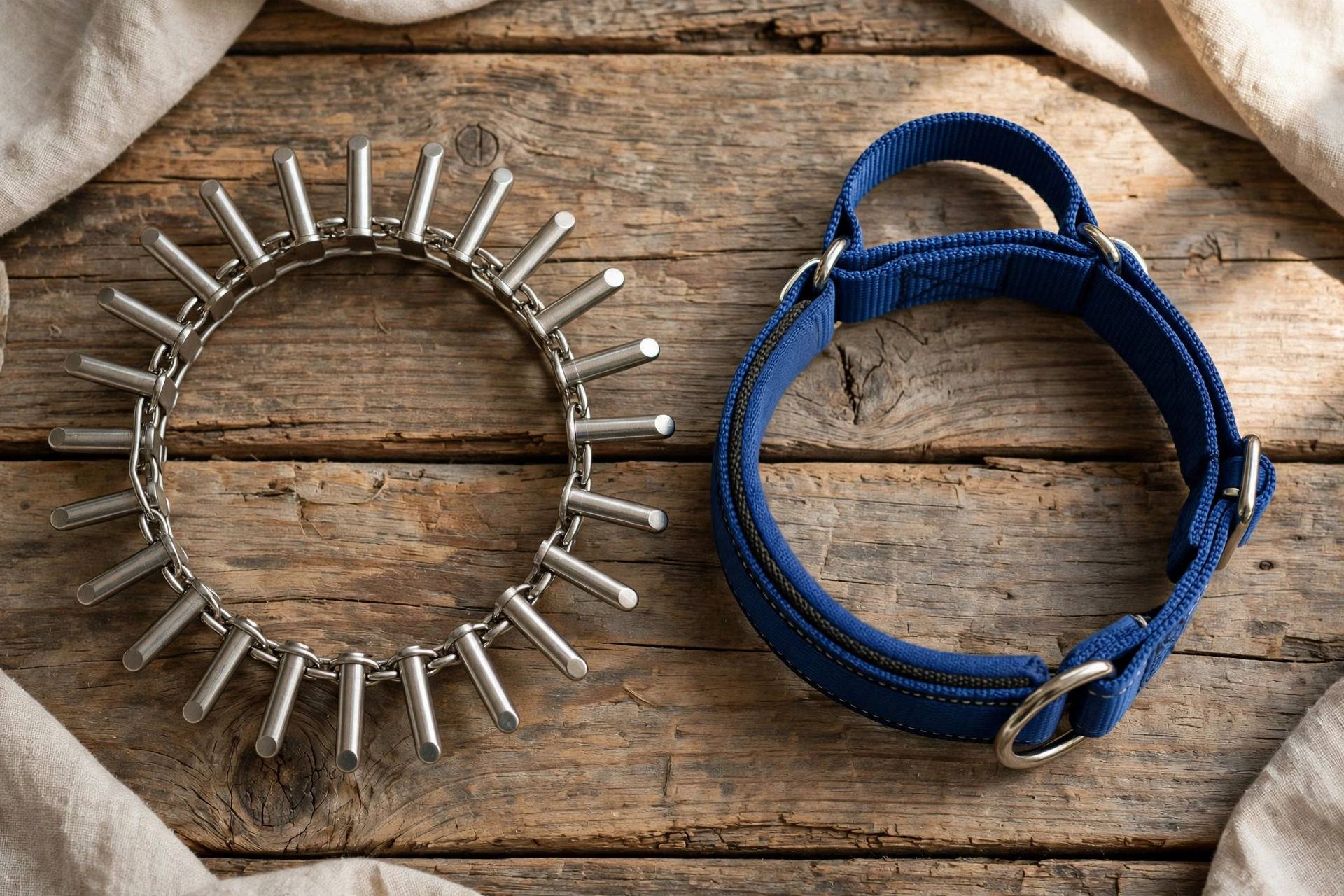 Prong collar and martingale collar laid side by side on a wooden table for comparison