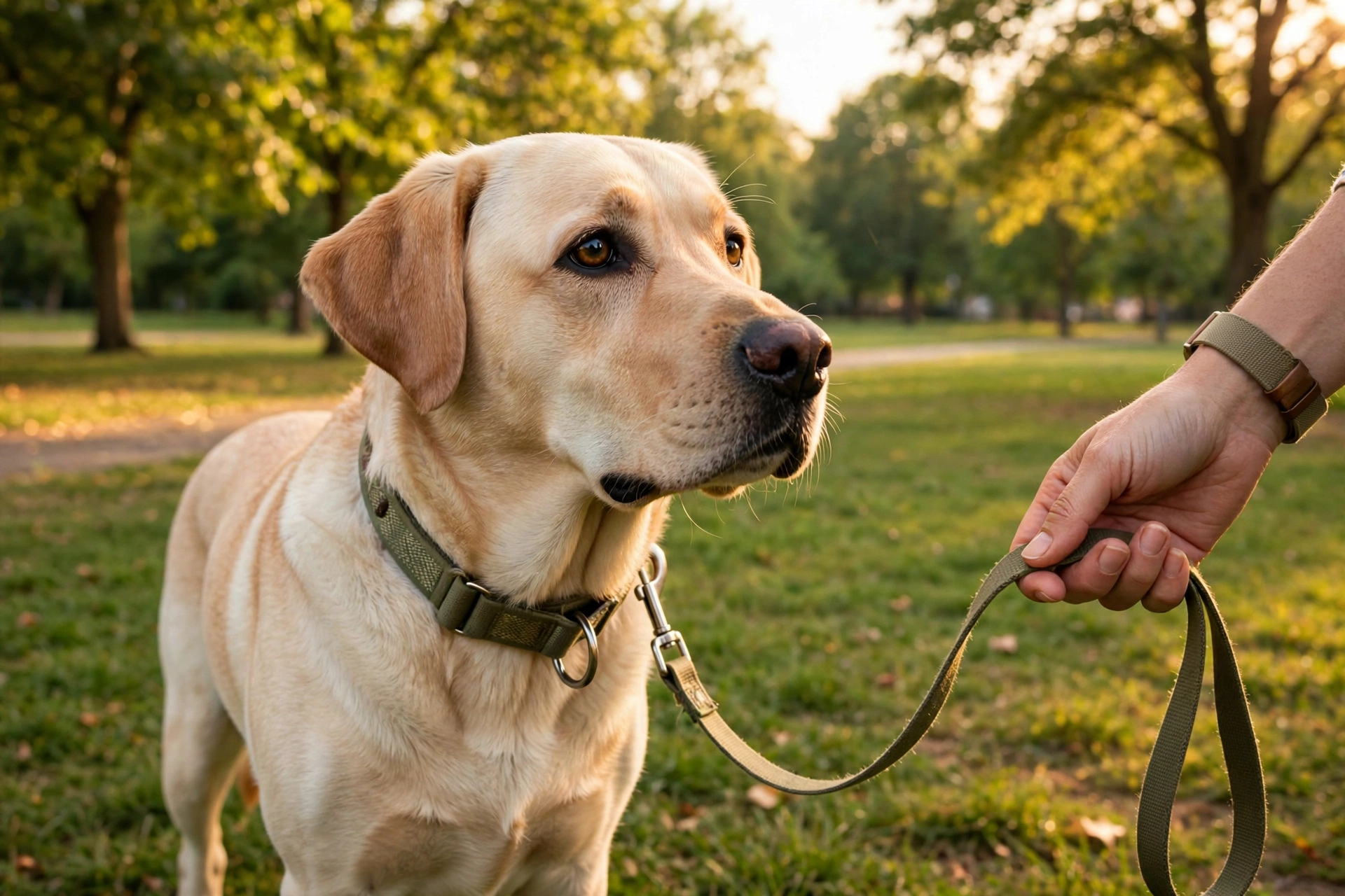 Calm dog on a loose-leash walk in a park wearing a martingale collar